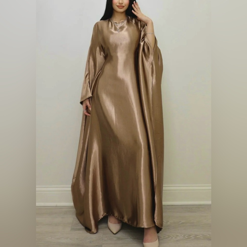 Champagne Butterfly Satin Abaya Dress